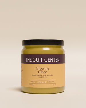 Glowing Ghee jar from The Gut Center, front label: nourishing, revitalizing, radiant; organic, grass-fed superfood.
