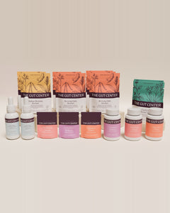 Renew Extended cleanse set: Radiant Morning and Reviving Daily Kitchari pouches, Clarifying Herbal Tea, two Lightening Hydration Drops bottles, the three herbal supplement pouches and three supplement bottles.