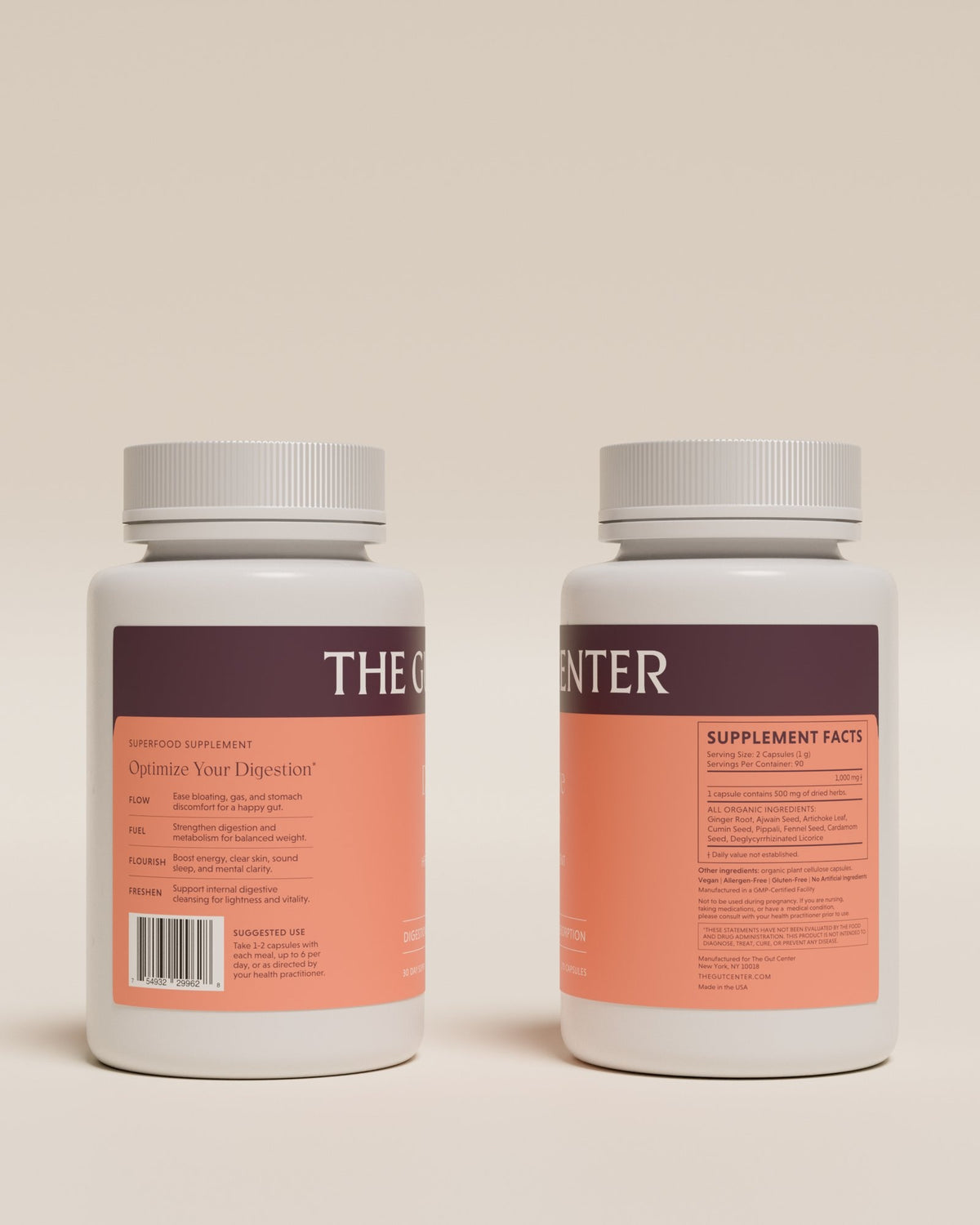 Two Digestive Power bottles showing the back labels: directions and the Supplement Facts panel.