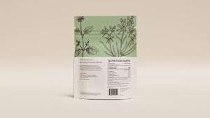 Back of the Grounding Herbal Tea pouch with brewing directions and the nutrition panel.