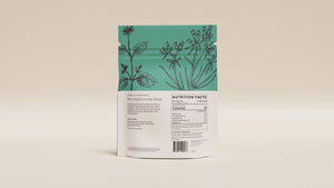 Back of the Clarifying Herbal Tea pouch with brewing directions and the nutrition panel.