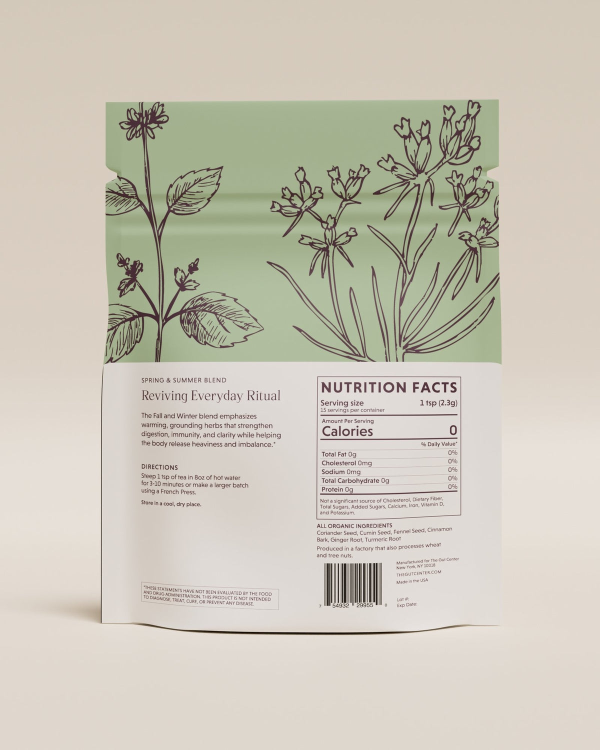 Back of the Grounding Herbal Tea pouch: the Reviving Everyday Ritual, brewing directions and Nutrition Facts.