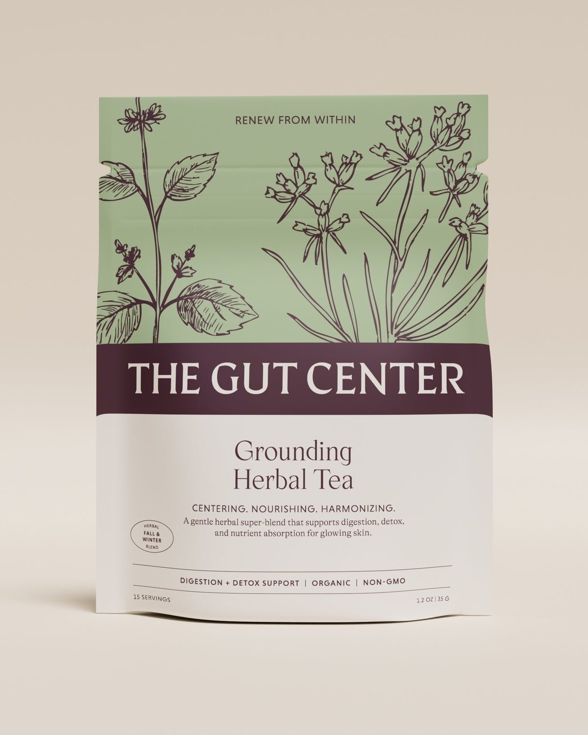 Grounding Herbal Tea pouch from The Gut Center, front: centering, nourishing, harmonizing; digestion and detox support, organic, non-GMO.