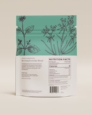 Back of the Clarifying Herbal Tea pouch: the Reviving Everyday Ritual, brewing directions and Nutrition Facts.