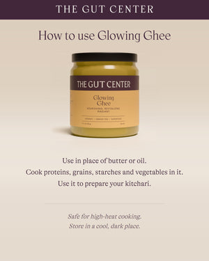 How to use Glowing Ghee. Use in place of butter or oil. Cook proteins, grains, starches and vegetables in it. Use it to prepare your kitchari.