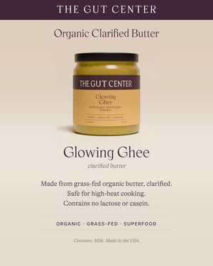 Glowing Ghee, organic clarified butter. Made from grass-fed organic butter, clarified. Safe for high-heat cooking. Contains no lactose or casein.