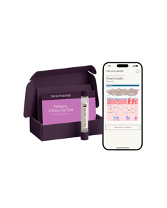 Pediatric 3-Zone Gut Test at-home collection kit: a plum box holding an orchid card and a sample vial, beside a phone showing the results report.