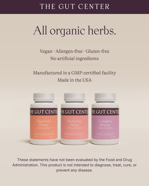 All organic herbs. Vegan, allergen-free, gluten-free, no artificial ingredients. Manufactured in a GMP-certified facility. Made in the USA. Shown with the Digestive Power, Purifying Detox and Complete Release bottles.