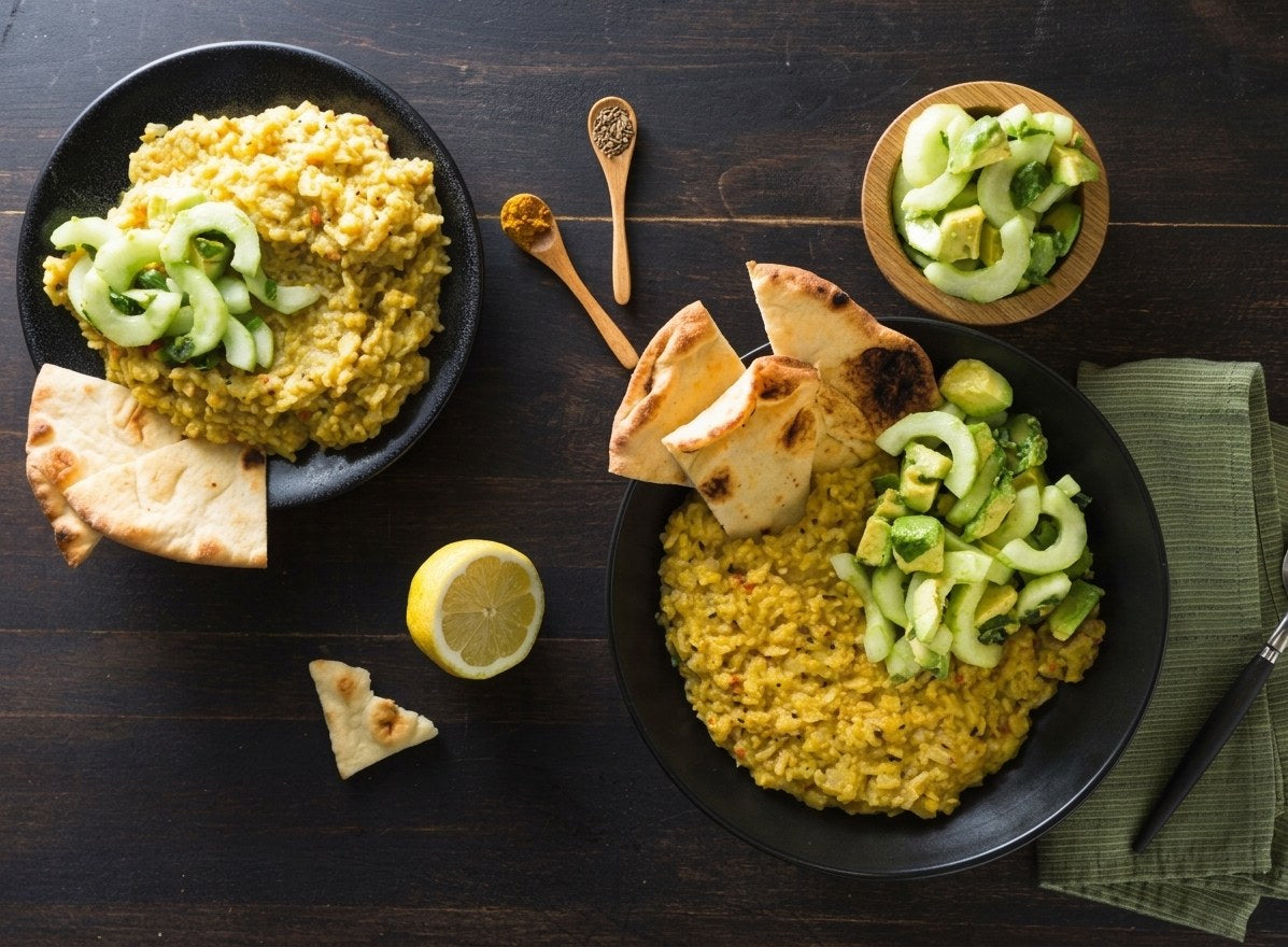 Two bowls of golden kitchari with cucumber salad and naan