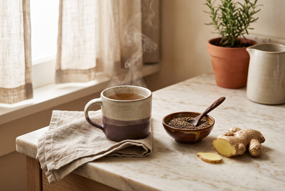 A mug of warm ginger tea, cumin seeds and fresh ginger on a marble counter