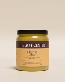 Glowing Ghee jar from The Gut Center, front label: nourishing, revitalizing, radiant; organic, grass-fed superfood.