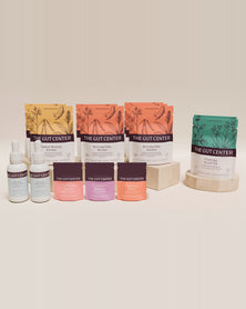 Renew Advanced cleanse set: Radiant Morning and Reviving Daily Kitchari pouches, Clarifying Herbal Tea, two Lightening Hydration Drops bottles, and Purifying Detox, Complete Release and Digestive Power pouches.