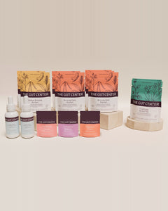 Renew Advanced cleanse set: Radiant Morning and Reviving Daily Kitchari pouches, Clarifying Herbal Tea, two Lightening Hydration Drops bottles, and Purifying Detox, Complete Release and Digestive Power pouches.