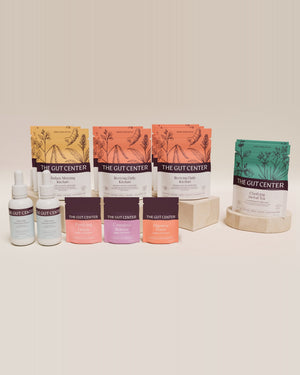 Renew Advanced cleanse set: Radiant Morning and Reviving Daily Kitchari pouches, Clarifying Herbal Tea, two Lightening Hydration Drops bottles, and Purifying Detox, Complete Release and Digestive Power pouches.