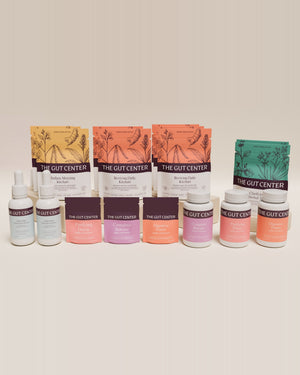 Renew Extended cleanse set: Radiant Morning and Reviving Daily Kitchari pouches, Clarifying Herbal Tea, two Lightening Hydration Drops bottles, the three herbal supplement pouches and three supplement bottles.