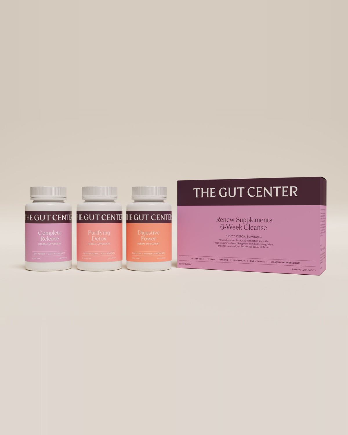 Renew Supplements box beside the Complete Release, Purifying Detox and Digestive Power bottles.