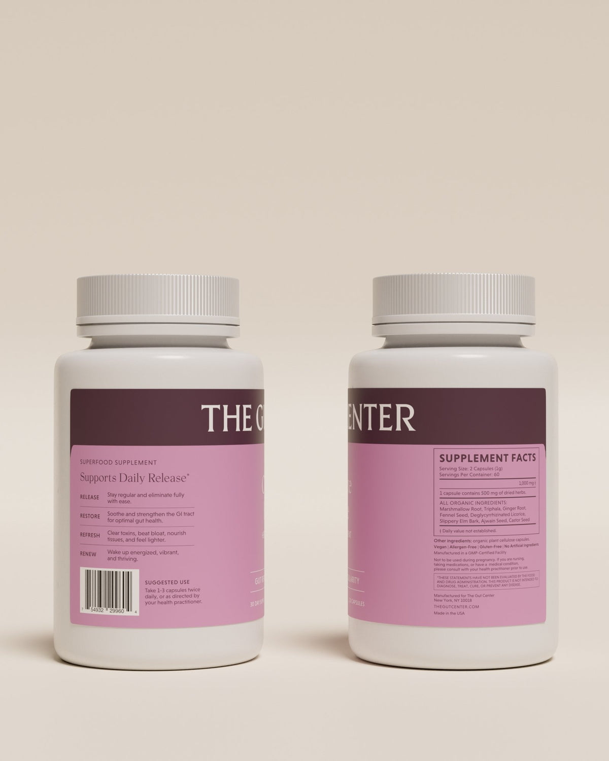 Two Complete Release bottles showing the back labels: directions and the Supplement Facts panel.