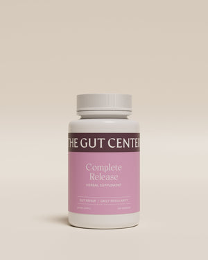 Complete Release herbal supplement bottle, front label: gut repair and daily regularity.