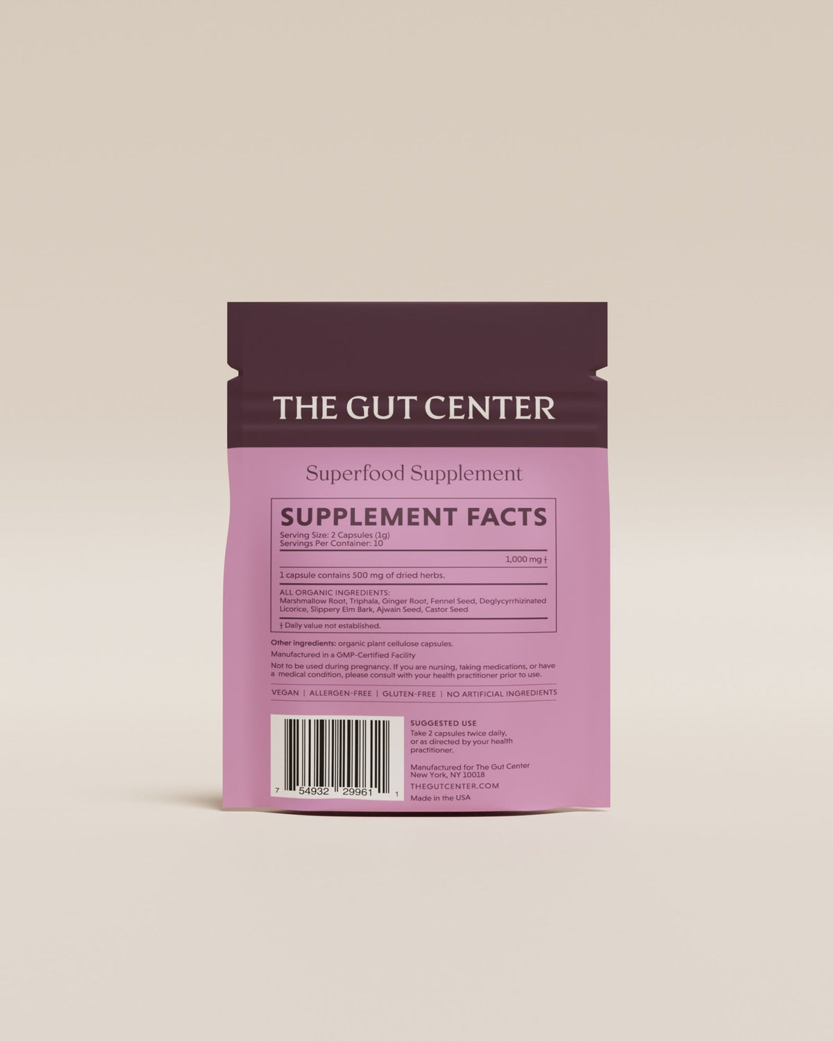 Back of the Complete Release pouch with the Supplement Facts panel and barcode.