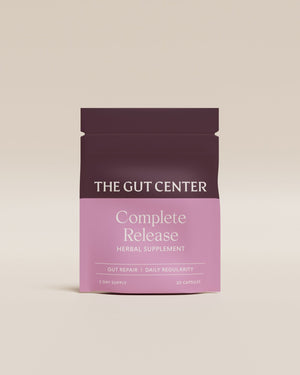 Complete Release herbal supplement pouch, front label: gut repair and daily regularity.