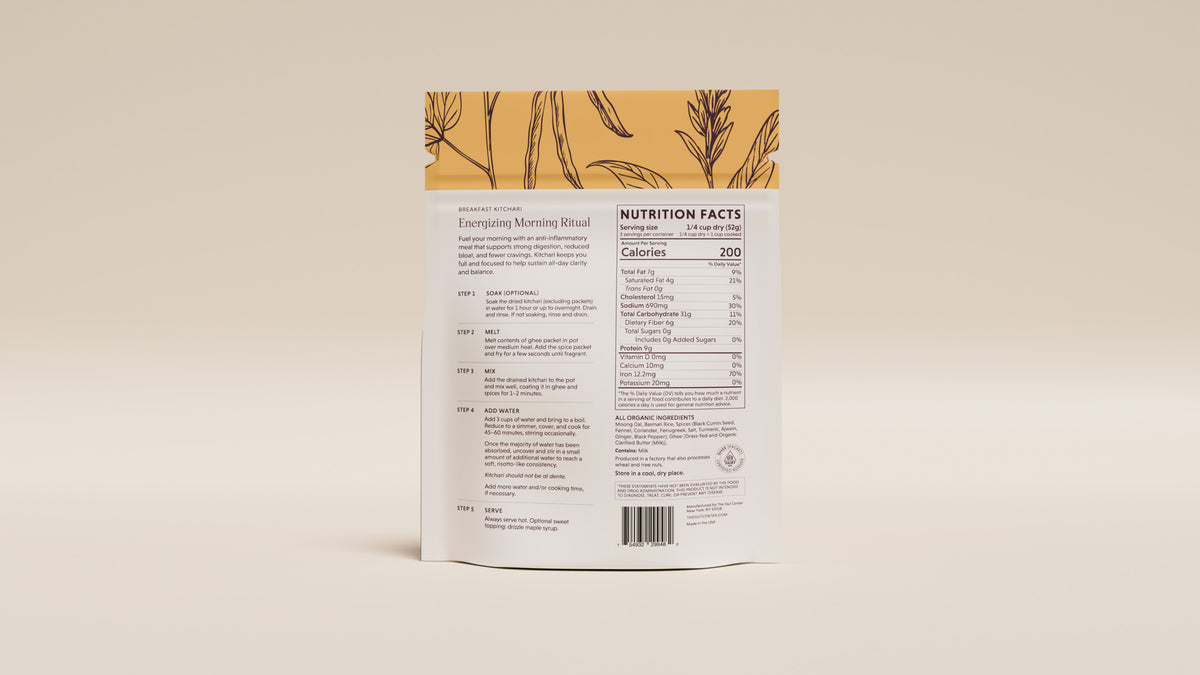 Back of the Radiant Morning Kitchari pouch with the Energizing Morning Ritual and Nutrition Facts.