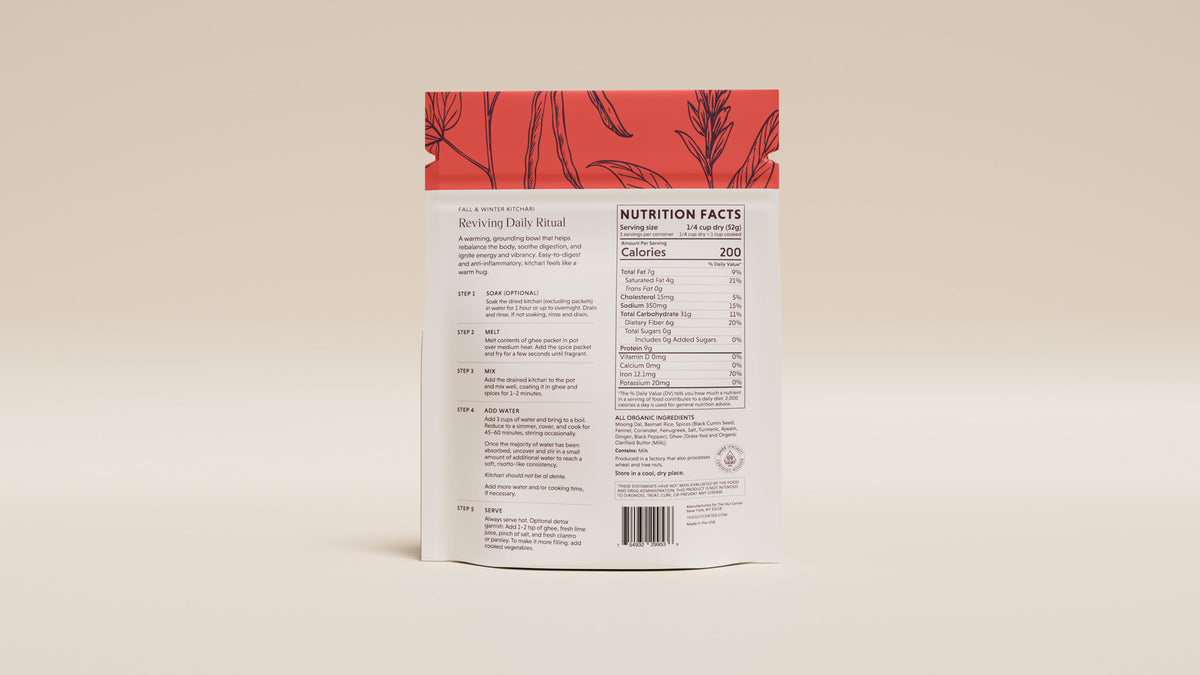 Back of the Reviving Daily Kitchari pouch with the cooking ritual and Nutrition Facts.
