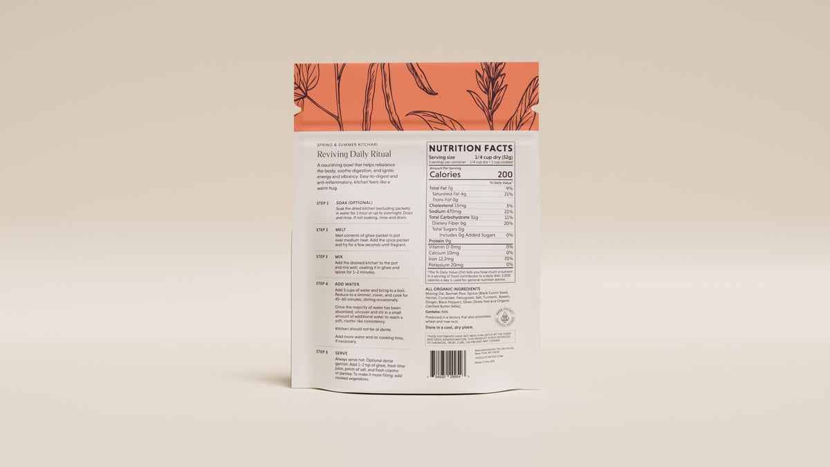Back of the Reviving Daily Kitchari pouch with the cooking ritual and Nutrition Facts.