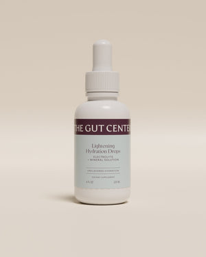 Lightening Hydration Drops dropper bottle from The Gut Center, front label: electrolyte and mineral solution.