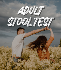 Adult Stool Test title card over a photo of two people dancing in a field of yellow flowers.