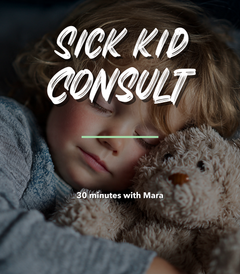 Sick Kid Consult title card over a photo of a sleeping child holding a stuffed bear.