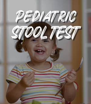 Pediatric Stool Test title card over a photo of a smiling toddler holding a spoon at a table.