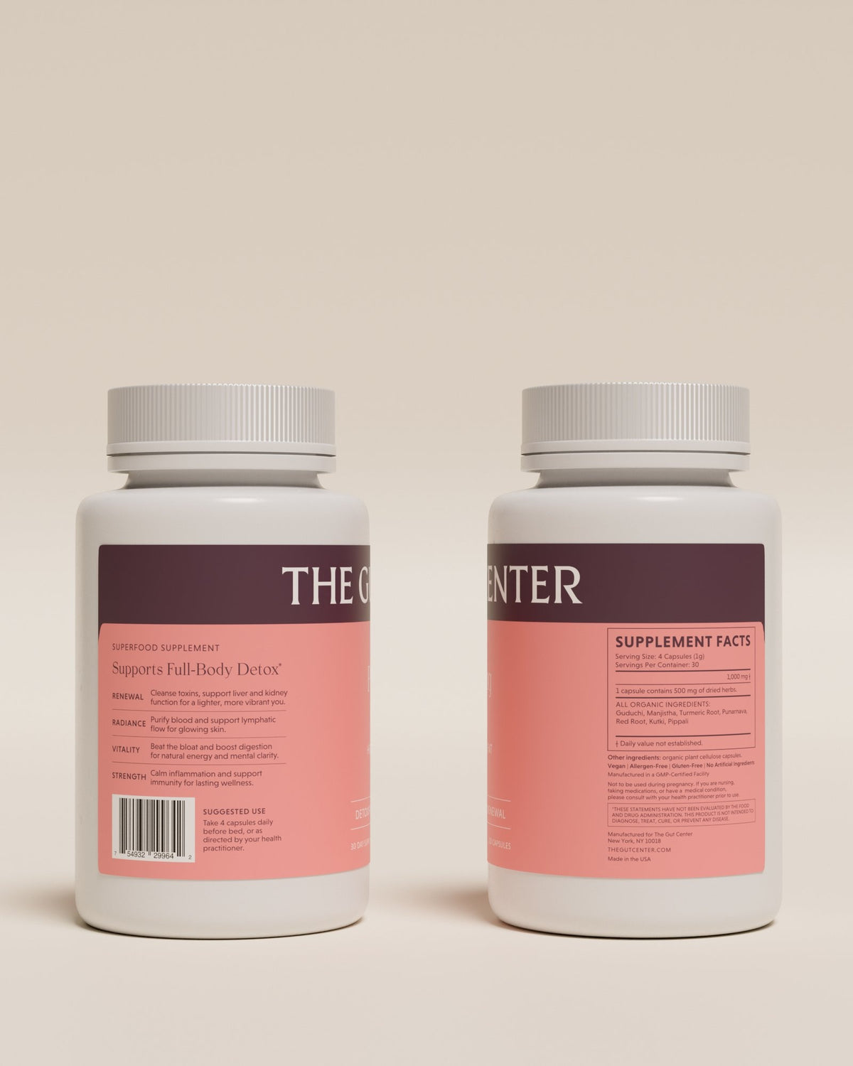 Two Purifying Detox bottles showing the back labels: directions and the Supplement Facts panel.