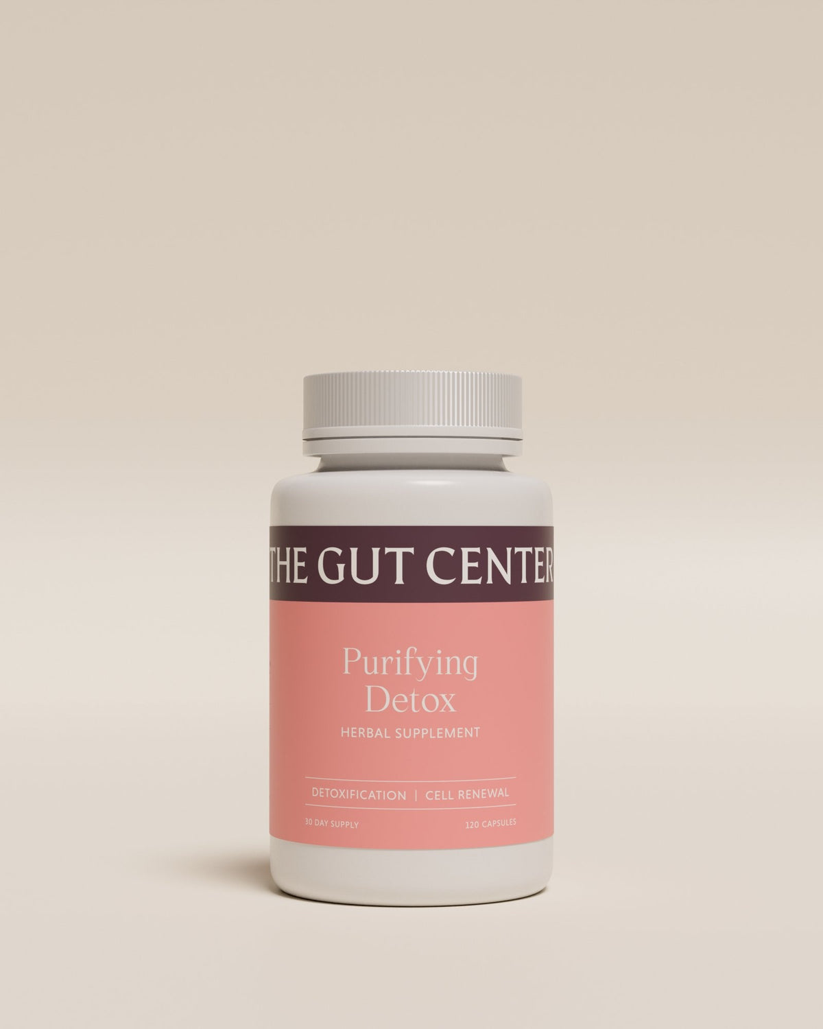 Purifying Detox herbal supplement bottle, front label: detoxification and cell renewal.