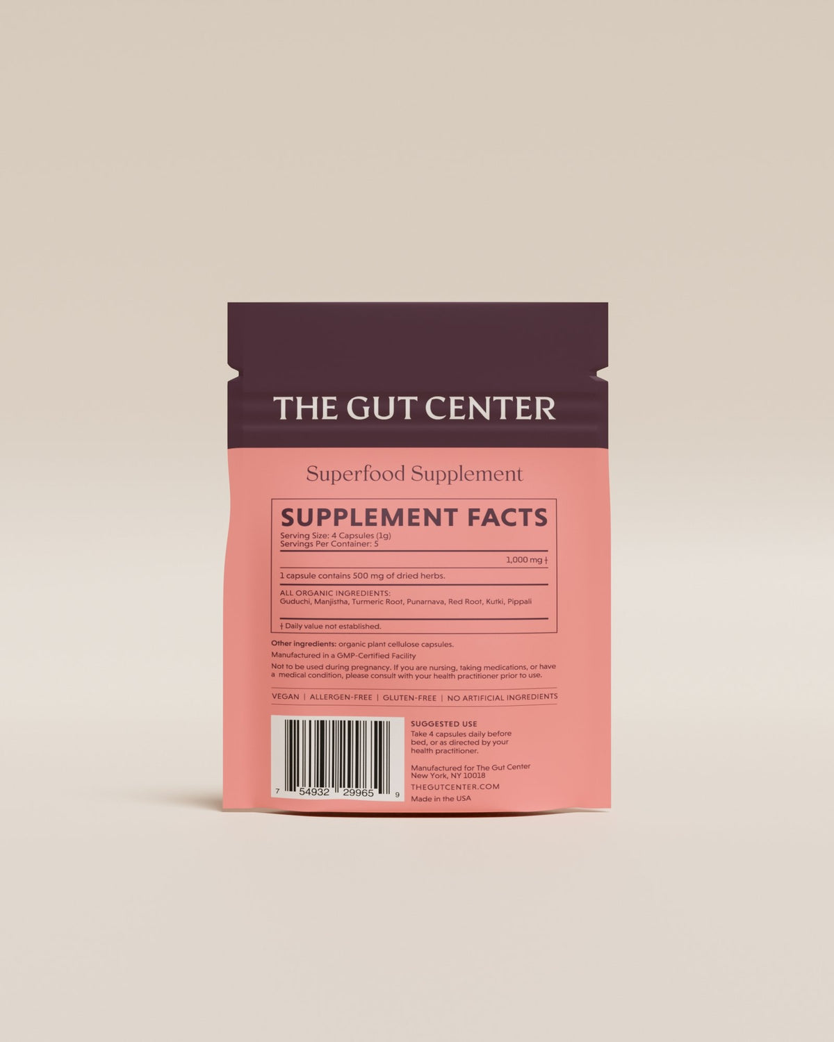 Back of the Purifying Detox pouch with the Supplement Facts panel and barcode.