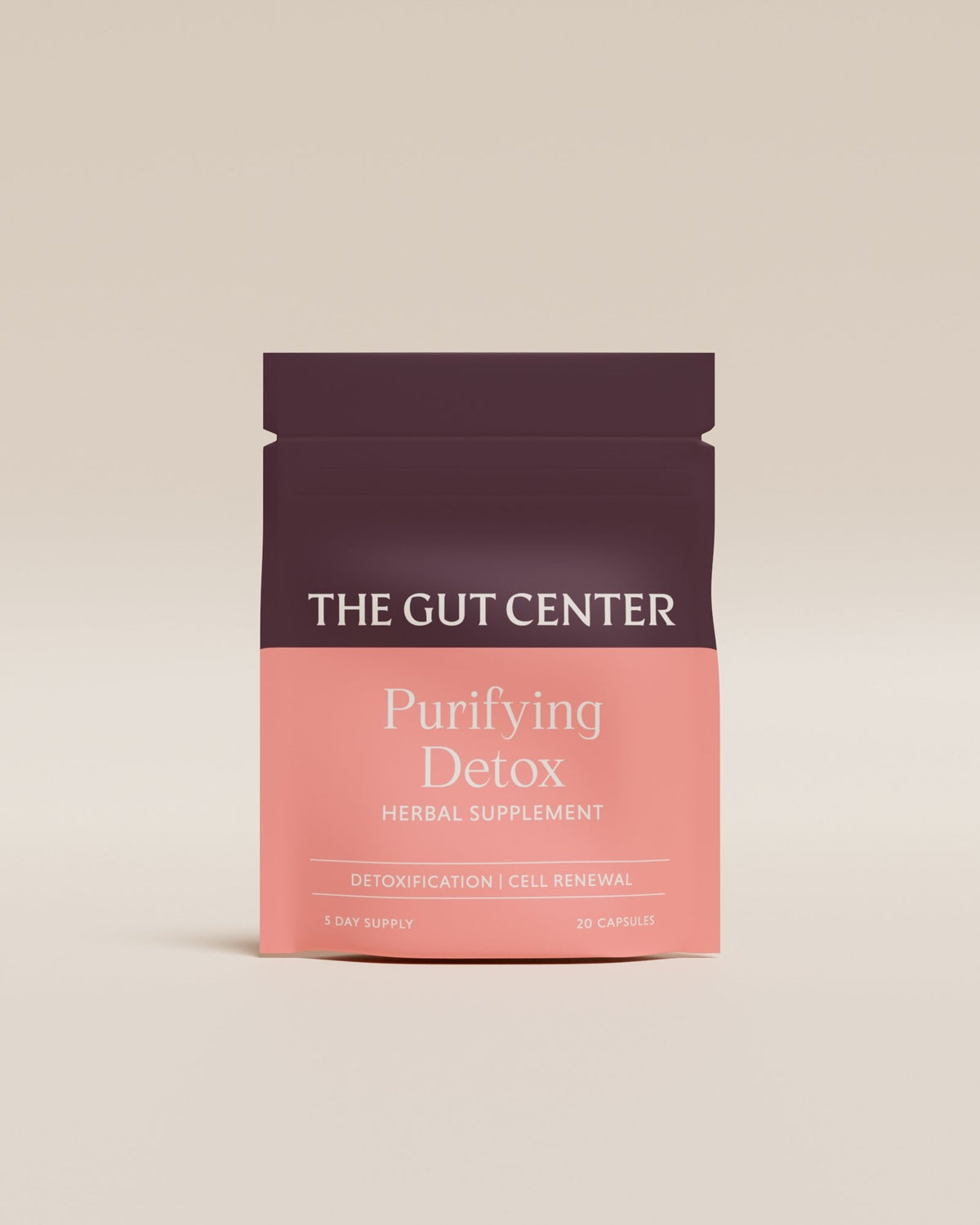 Purifying Detox herbal supplement pouch, front label: detoxification and cell renewal.