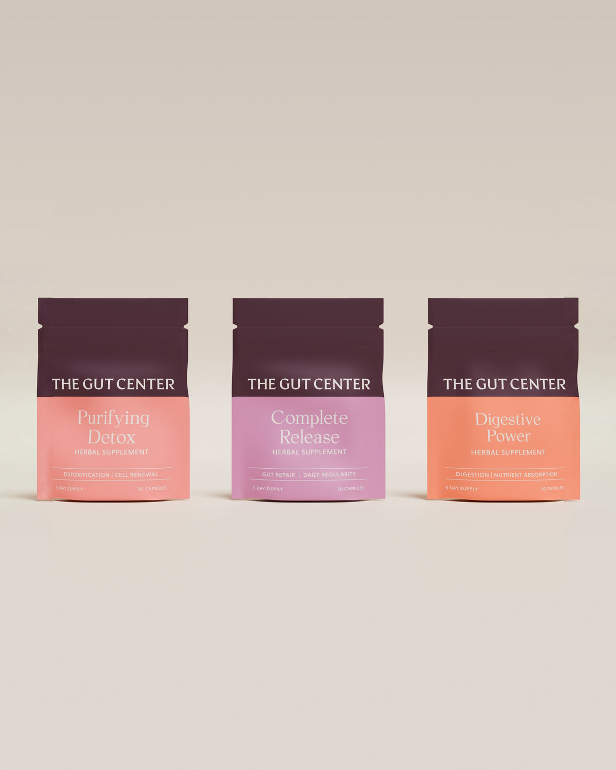 Renew Supplements pouches: Purifying Detox, Complete Release and Digestive Power side by side.