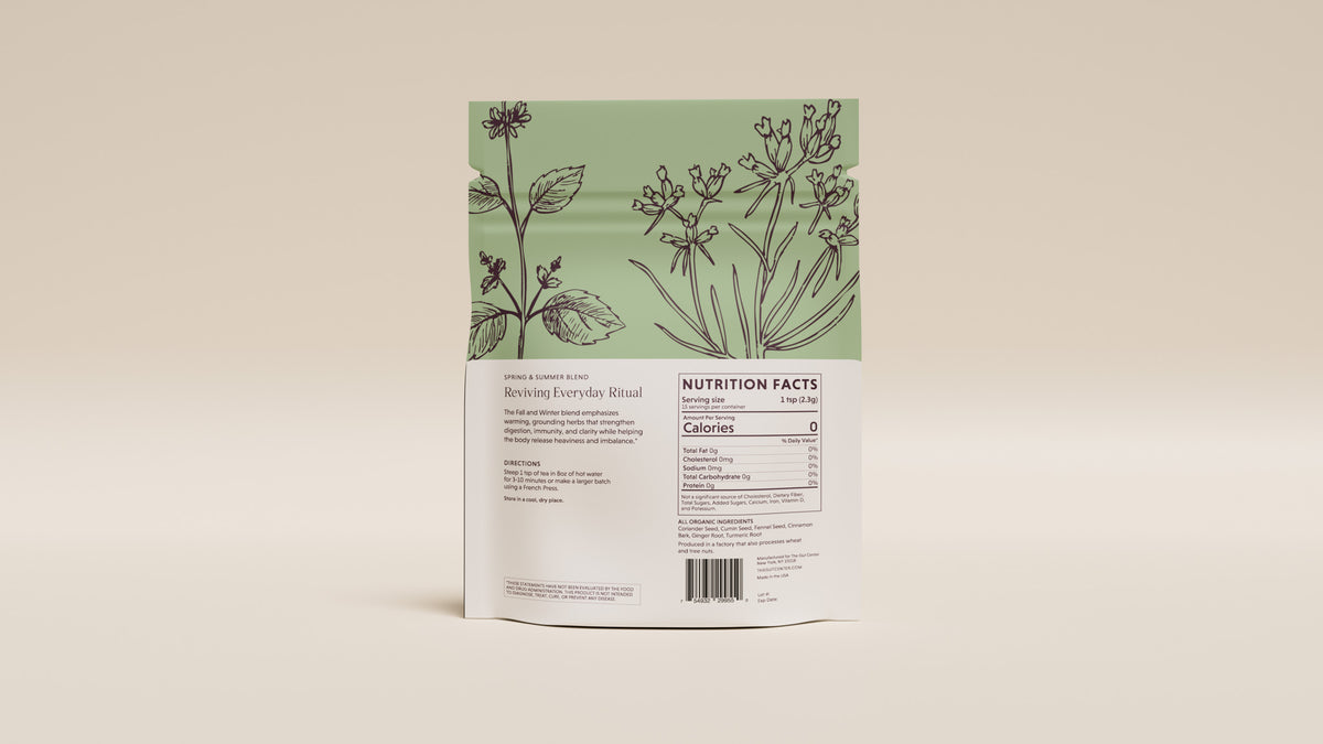 Back of the Grounding Herbal Tea pouch with brewing directions and the nutrition panel.