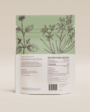 Back of the Grounding Herbal Tea pouch: the Reviving Everyday Ritual, brewing directions and Nutrition Facts.