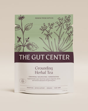Grounding Herbal Tea pouch from The Gut Center, front: centering, nourishing, harmonizing; digestion and detox support, organic, non-GMO.
