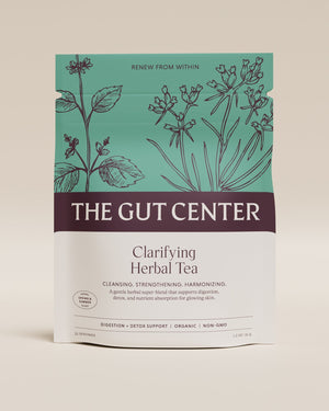 Clarifying Herbal Tea pouch from The Gut Center, front: cleansing, strengthening, harmonizing; digestion and detox support, organic, non-GMO.