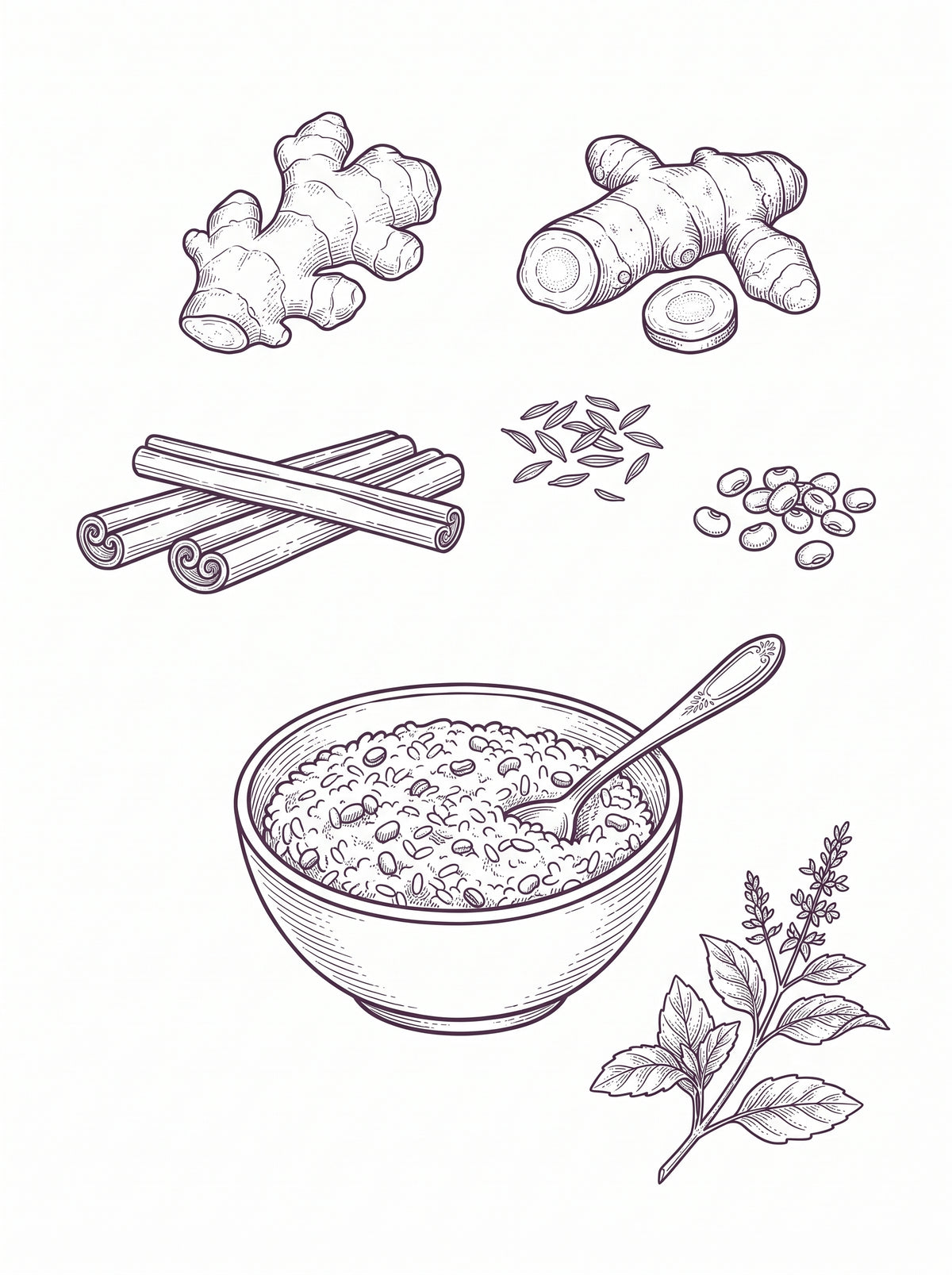 Line drawing of a bowl of kitchari with a spoon, surrounded by ginger, cinnamon, cumin, mung beans and tulsi.