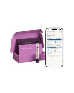 Adult Stool Test at-home collection kit: an orchid box holding a card and a sample vial, beside a phone showing the results report.