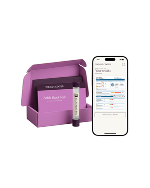 Adult Stool Test at-home collection kit: an orchid box holding a card and a sample vial, beside a phone showing the results report.