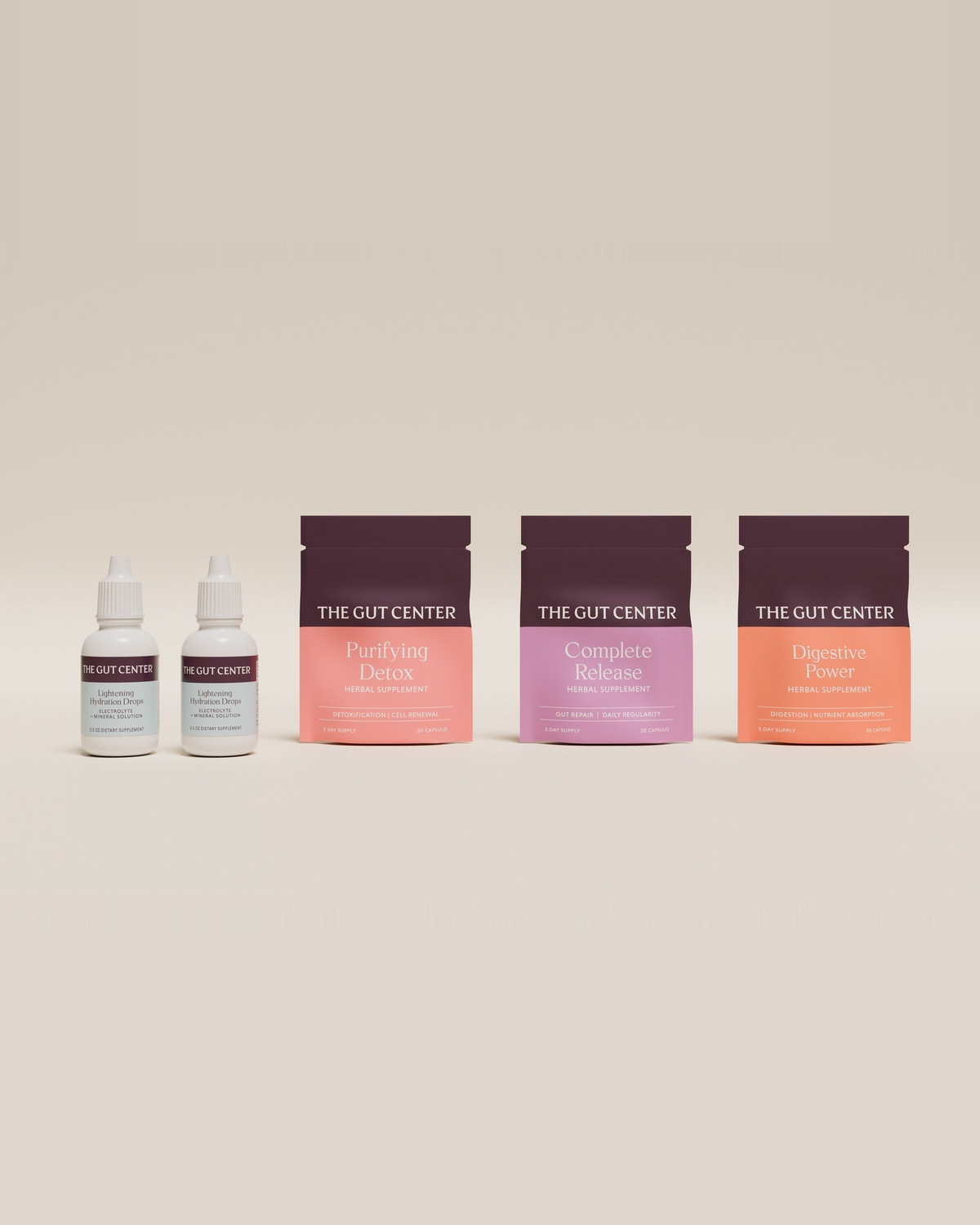 Travel Kit: two 0.5 oz Lightening Hydration Drops bottles with 5-day pouches of Purifying Detox, Complete Release and Digestive Power.