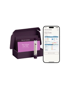 The 3-Zone Gut Test at-home collection kit: a plum box holding an orchid card and a sample vial, beside a phone showing the results report.