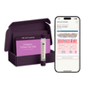Pediatric 3-Zone Gut Test at-home collection kit: a plum box holding an orchid card and a sample vial, beside a phone showing the results report.