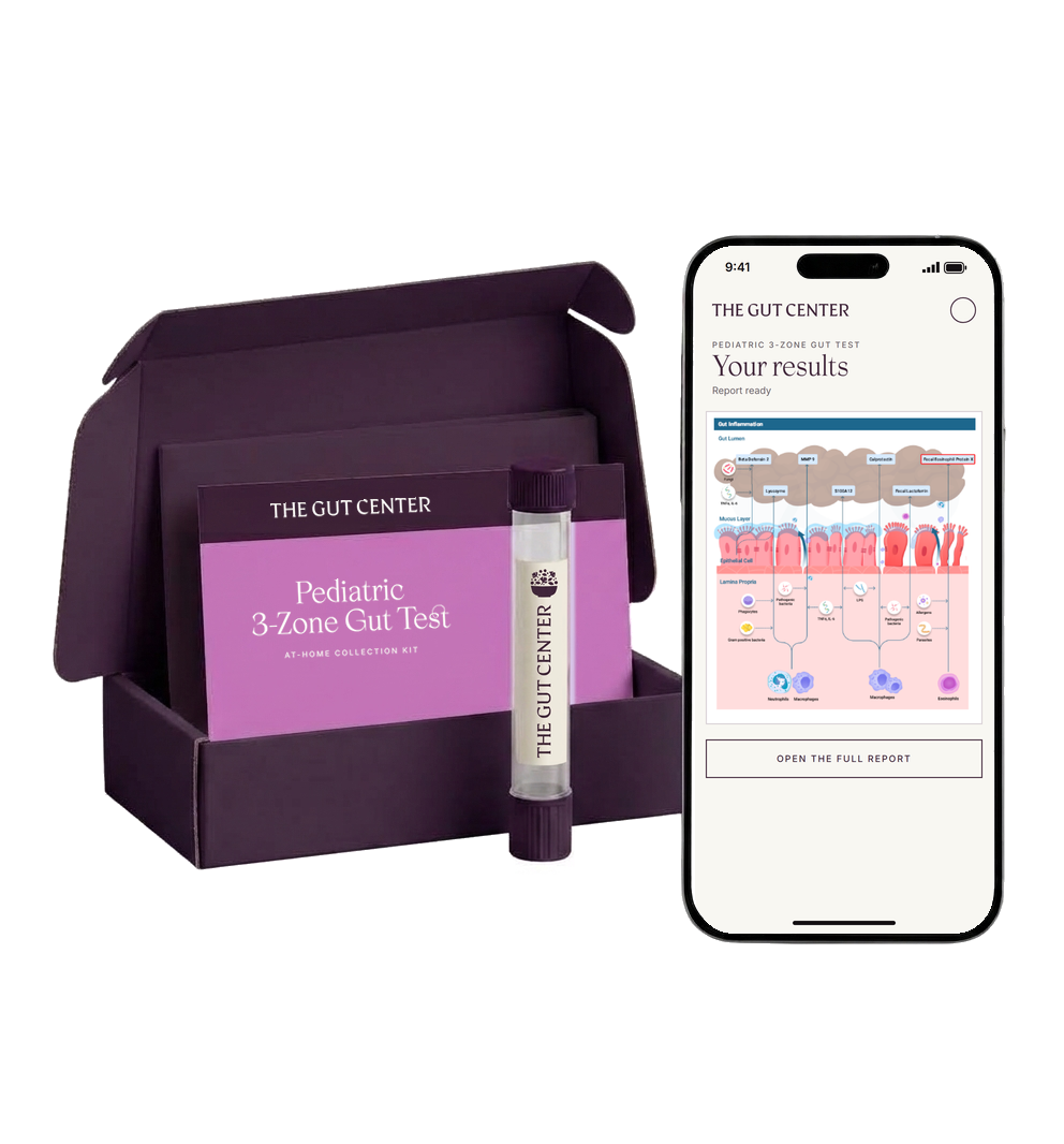 Pediatric 3-Zone Gut Test at-home collection kit: a plum box holding an orchid card and a sample vial, beside a phone showing the results report.
