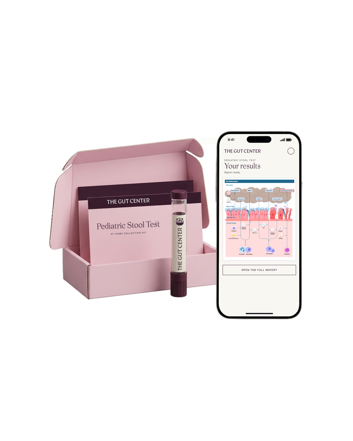 Pediatric Stool Test at-home collection kit: a blush pink box holding a card and a sample vial, beside a phone showing the results report.