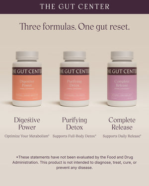 Three formulas. One gut reset. Digestive Power, Purifying Detox and Complete Release, with the FDA disclaimer.